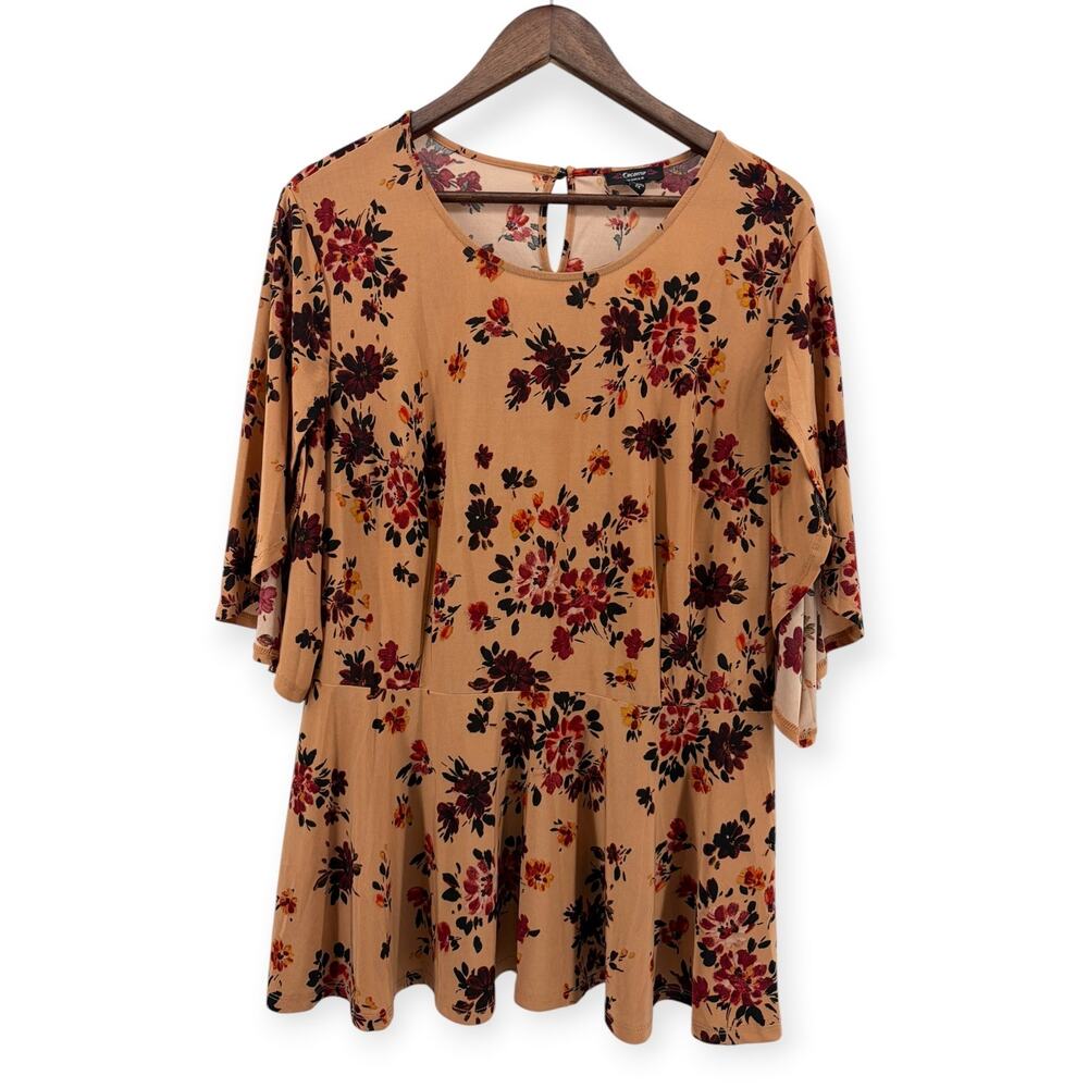 Cocomo Peach Maroon Floral Blouse Size 2X Flowy Bell Sleeve Boho Top